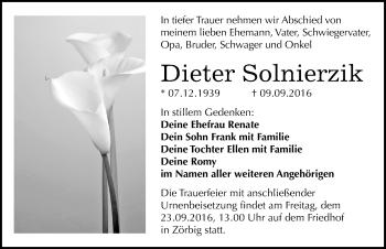 Traueranzeige von Dieter Solnierzik von Mitteldeutsche Zeitung Bitterfeld