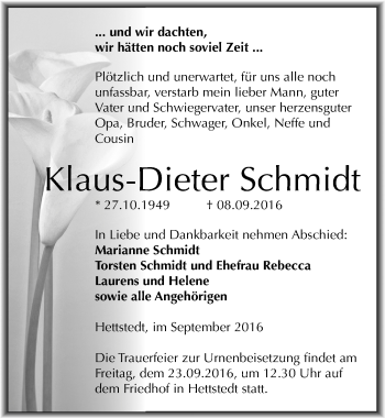 Traueranzeige von Klaus-Dieter Schmidt von Mitteldeutsche Zeitung Mansfelder Land