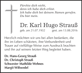 Traueranzeige von Karl Hugo Strauß von WVG - Wochenspiegel Bitterfeld