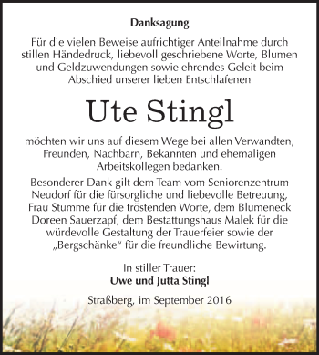 Traueranzeige von Ute Stingl von WVG - Wochenspiegel Quedlinburg