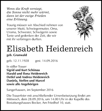 Traueranzeige von Elisabeth Heidenreich von Mitteldeutsche Zeitung Sangerhausen