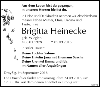 Traueranzeige von Brigitta Heinecke von Mitteldeutsche Zeitung Zeitz