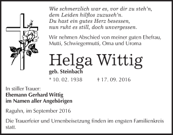 Traueranzeige von Helga Wittig von WVG - Wochenspiegel Bitterfeld
