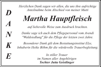 Traueranzeige von Martha Hauptfleisch von WVG - Wochenspiegel Dessau / Köthen