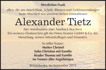 Traueranzeige von Alexander Tietz von WVG - Wochenspiegel Merseburg