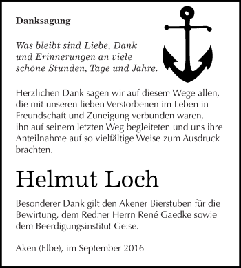 Traueranzeige von Helmut Loch von WVG - Wochenspiegel Dessau / Köthen