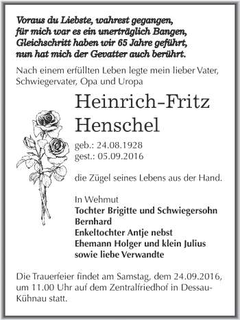 Traueranzeige von Heinrich-Fritz Henschel von WVG - Wochenspiegel Dessau / Köthen