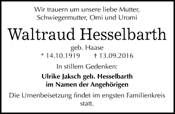 Traueranzeige von Waltraud Hesselbarth von Mitteldeutsche Zeitung Dessau-Roßlau