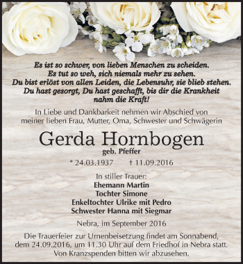 Traueranzeige von Gerda Hornbogen von Mitteldeutsche Zeitung Naumburg/Nebra