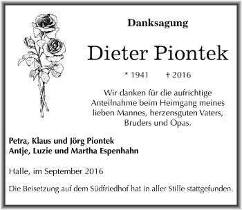 Traueranzeige von Dieter Piontek von Mitteldeutsche Zeitung Halle/Saalkreis