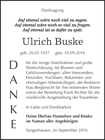 Traueranzeige von Ulrich Buske von Super Sonntag SGH Mansf. Land