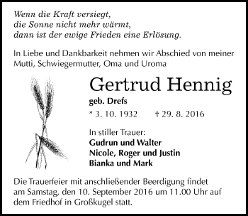 Traueranzeige von Gertrud Hennig von Mitteldeutsche Zeitung Halle/Saalkreis