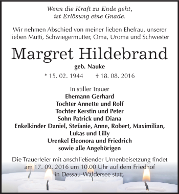 Traueranzeige von Margret Hildebrand von Mitteldeutsche Zeitung Dessau-Roßlau