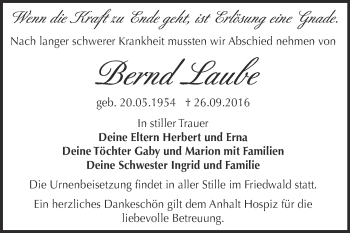 Traueranzeige von Bernd Laube von WVG - Wochenspiegel Dessau / Köthen