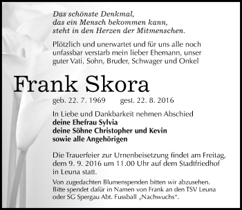 Traueranzeige von Frank Skora von Mitteldeutsche Zeitung Merseburg/Querfurt