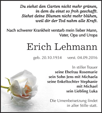 Traueranzeige von Erich Lehmann von WVG - Wochenspiegel NMB / WSF / ZTZ