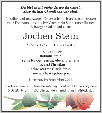 Traueranzeige von Jochen Stein von Wochenspiegel Mansfelder Land