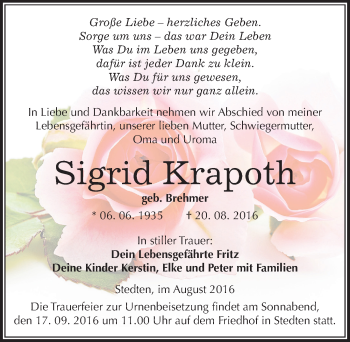 Traueranzeige von Sigrid Krapoth von Mitteldeutsche Zeitung Mansfelder Land