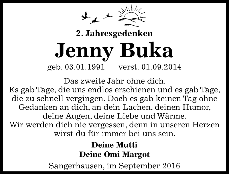  Traueranzeige für Jenny Buka vom 01.09.2016 aus Mitteldeutsche Zeitung Sangerhausen
