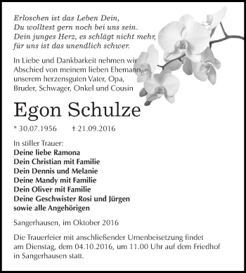 Traueranzeige von Egon Schulze von Super Sonntag SGH Mansf. Land