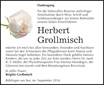 Traueranzeige von Herbert Grollmisch von Mitteldeutsche Zeitung Mansfelder Land