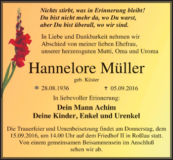 Traueranzeige von Hannelore Müller von Mitteldeutsche Zeitung Dessau-Roßlau