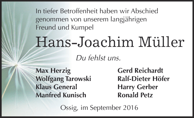  Traueranzeige für Hans-Joachim Müller vom 10.09.2016 aus Super Sonntag Zeitz