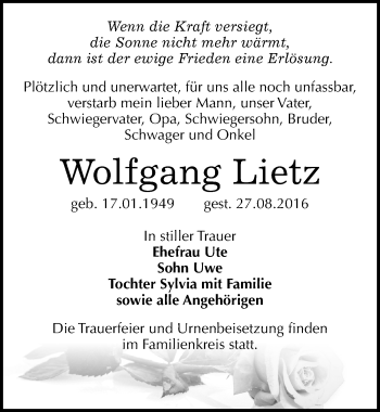 Traueranzeige von Wolfgang Lietz von Mitteldeutsche Zeitung Köthen