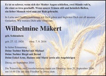 Traueranzeige von Wilhelmine Mäkert von Mitteldeutsche Zeitung Köthen