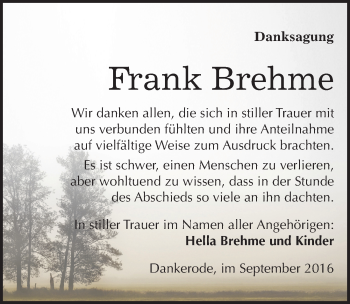 Traueranzeige von Frank Brehme von Mitteldeutsche Zeitung Quedlinburg