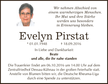 Traueranzeige von Evelyn Pirstat von WVG - Wochenspiegel Dessau / Köthen