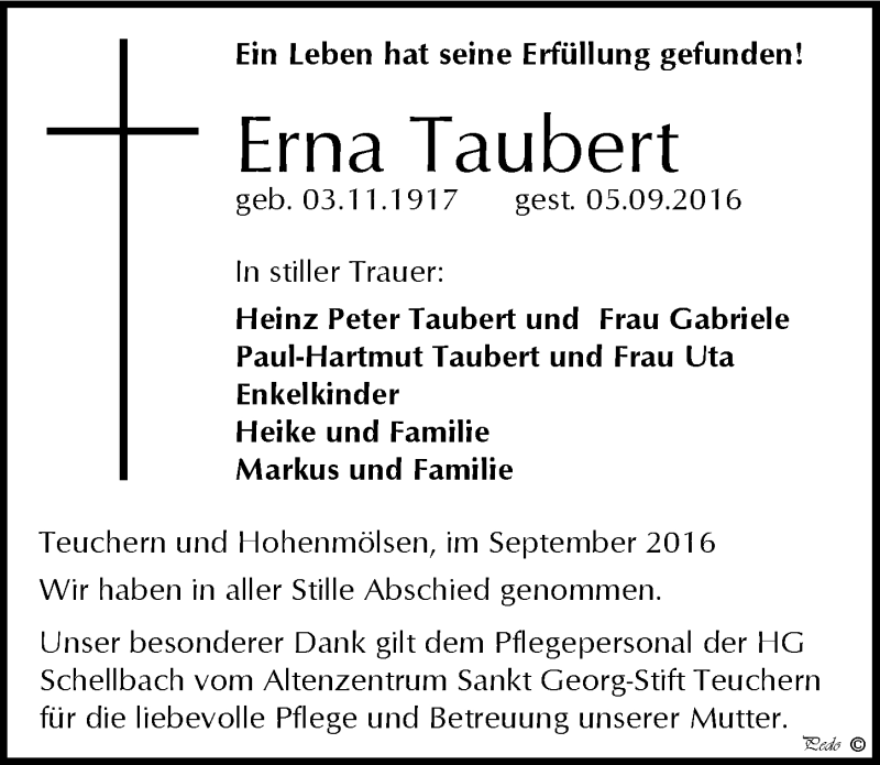  Traueranzeige für Erna Taubert vom 14.09.2016 aus Mitteldeutsche Zeitung Weißenfels
