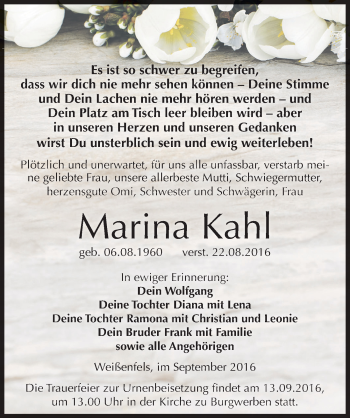 Traueranzeige von Marina Kahl von Mitteldeutsche Zeitung Weißenfels