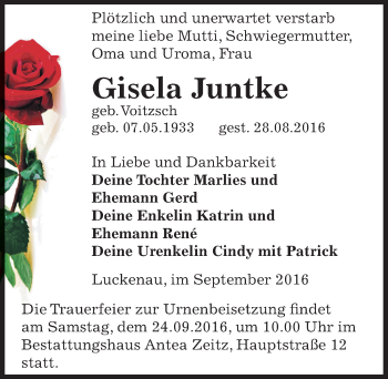 Traueranzeige von Gisela Juntke von Mitteldeutsche Zeitung Zeitz