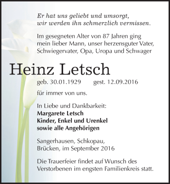 Traueranzeige von Heinz Letsch von Mitteldeutsche Zeitung Sangerhausen