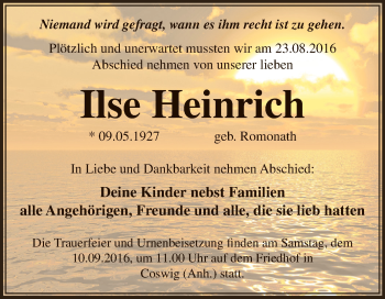 Traueranzeige von Ilse Heinrich von WVG - Wochenspiegel Dessau / Köthen