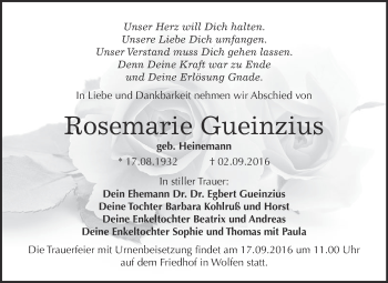 Traueranzeige von Rosemarie Gueinzius von WVG - Wochenspiegel Bitterfeld