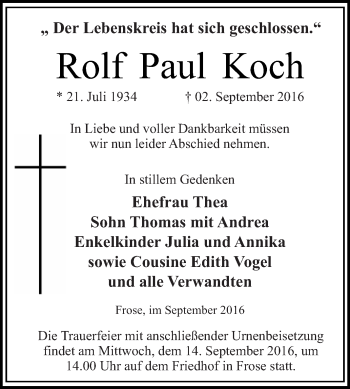 Traueranzeige von Rolf Paul Koch von WVG - Wochenspiegel Quedlinburg
