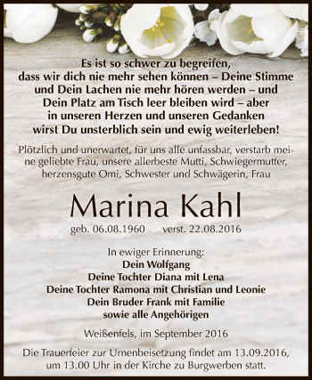 Traueranzeige von Marina Kahl von WVG - Wochenspiegel NMB / WSF / ZTZ