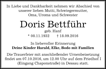 Traueranzeige von Doris Bettführ von Mitteldeutsche Zeitung Dessau-Roßlau