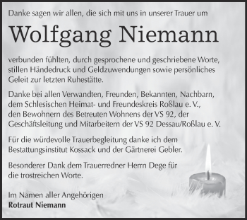 Traueranzeige von Wolfgang Niemann von WVG - Wochenspiegel Dessau / Köthen