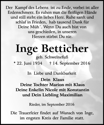 Traueranzeige von Inge Betticher von Mitteldeutsche Zeitung Quedlinburg