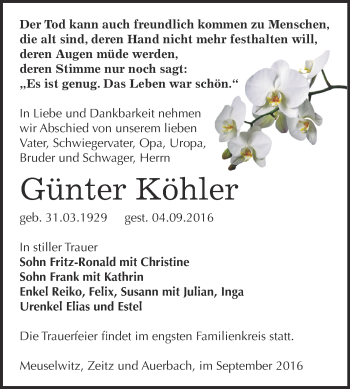 Traueranzeige von Günter Köhler von Super Sonntag Zeitz