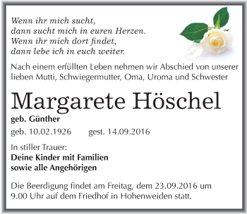 Traueranzeige von Margarete Höschel von Mitteldeutsche Zeitung Merseburg/Querfurt