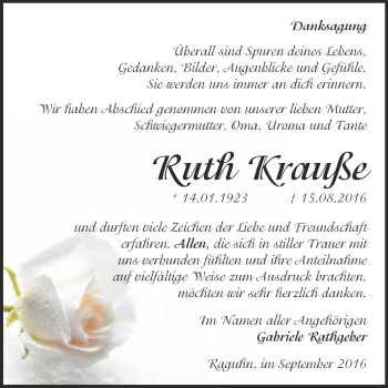 Traueranzeige von Ruth Krauße von WVG - Wochenspiegel Bitterfeld