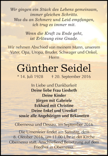 Traueranzeige von Günther Seidel von WVG - Wochenspiegel NMB / WSF / ZTZ