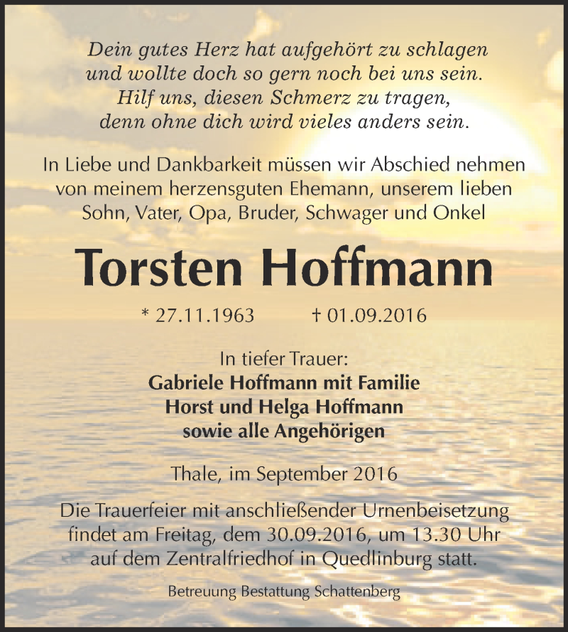  Traueranzeige für Torsten Hoffmann vom 10.09.2016 aus Super Sonntag Quedlinburg