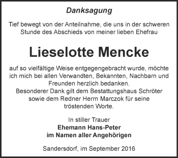 Traueranzeige von Lieselotte Mencke von WVG - Wochenspiegel Bitterfeld