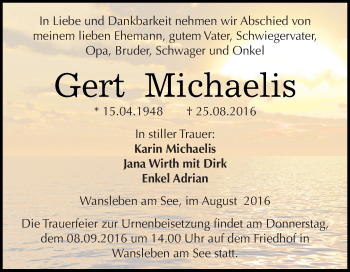 Traueranzeige von Gert Michaelis von Super Sonntag SGH Mansf. Land