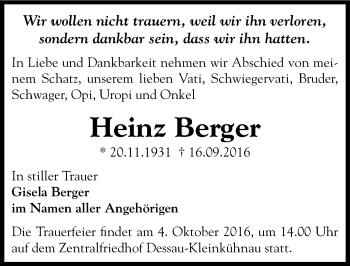 Traueranzeige von Heinz Berger von Mitteldeutsche Zeitung Dessau-Roßlau